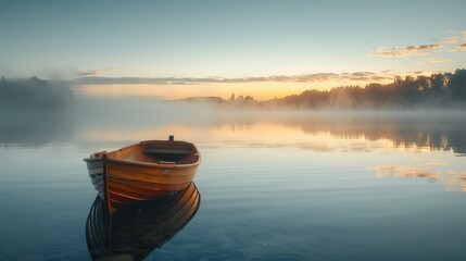 Misty early morning dawn over lake with empty wood boat, background