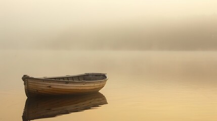 Misty early morning dawn over lake with empty wood boat, background