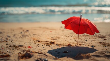  a red cocktail umbrella in the sand