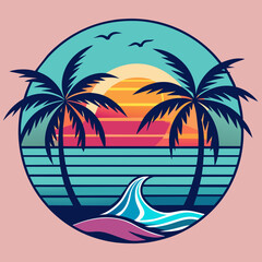 tropical island with palm trees, beach with palm trees vintage vector illustration with white background