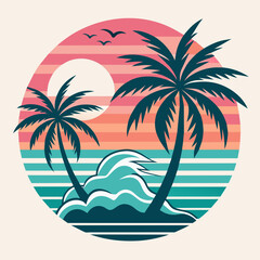 tropical island with palm trees, beach with palm trees vintage vector illustration with white background