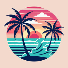 Fototapeta na wymiar tropical island with palm trees, beach with palm trees vintage vector illustration with white background