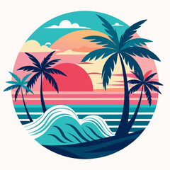 tropical island with palm trees, beach with palm trees vintage vector illustration with white background