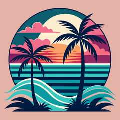 tropical island with palm trees, beach with palm trees vintage vector illustration with white background