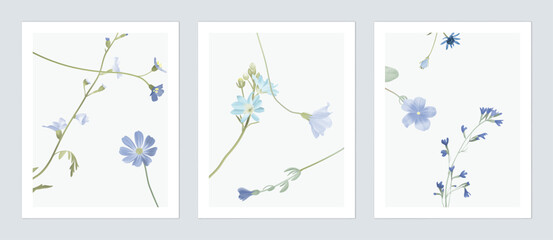 Floral wall art set, minimalist assorted blue wildflowers on grey background
