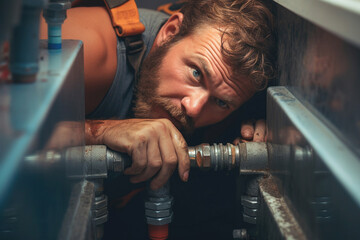 Trained plumber working on plumbing system. Professional plumber man working. - Powered by Adobe