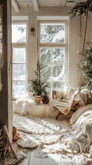 A cozy living room with a white couch and a chair, a potted plant, and a Christmas tree