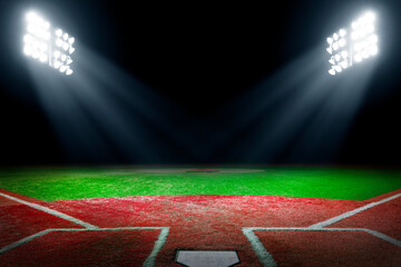 Fototapeta premium Baseball field at night with bright floodlights and copy space.