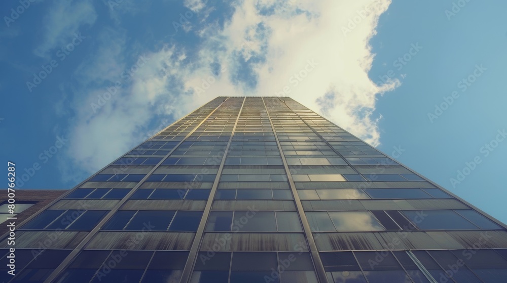 Poster a very tall building with a multitude of windows, reflecting the sunlight and casting shadows on the