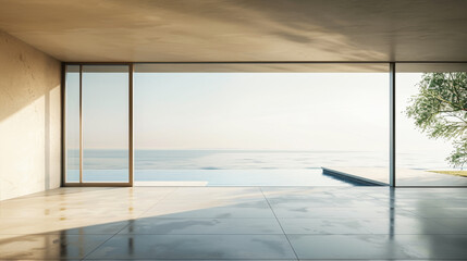 A large open space with a view of the ocean. The room is empty and has a modern feel