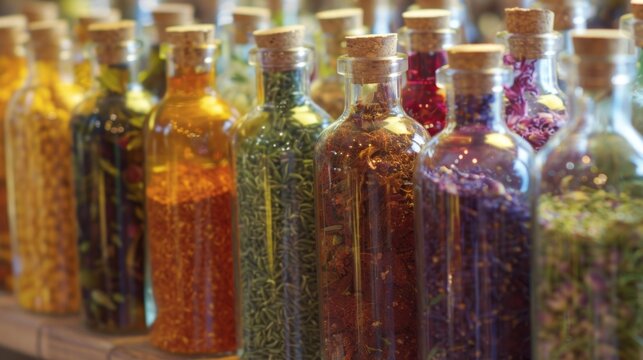 A colorful array of glass bottles filled with different types of herbal elixirs some labeled with quirky names like Stress Buster Blend and Brain Boost Brew.
