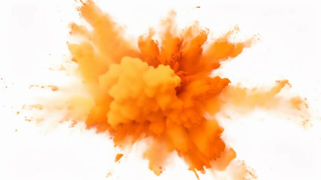 Vibrant orange powder explodes outward in a dramatic burst, sending particles flying in all directions against a clean white backdrop. 