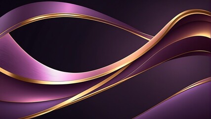 Luxurious 3D Purple Wave Lines with Glittering Pink-Gold Curved Decor and Sparkling Frame Illumination on Dark Gradient Background Abstract

