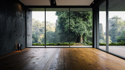A large room with a view of trees and a fireplace. The room is empty and has a modern design
