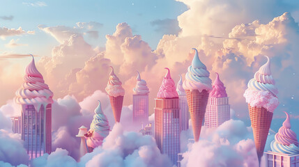 A surreal cityscape with buildings shaped like ice cream cones under a pastelcolored sky