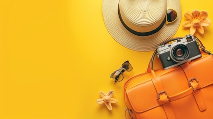 orange travel bag sunglasses, hat, camera, on pastel yellow background