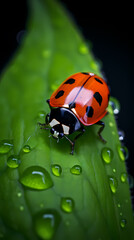 Fototapeta premium Ladybug with water droplets on leaf