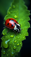 Obraz premium Ladybug with water droplets on leaf