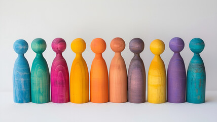 Colorful wooden people figures on white background. copy space. Banner. diversity and inclusion. HR concept