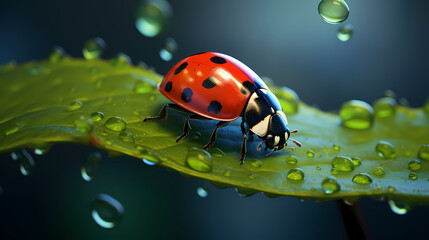 Fototapeta premium Ladybug with water droplets on leaf