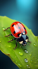 Fototapeta premium Ladybug with water droplets on leaf