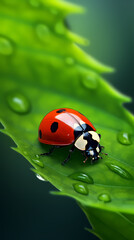 Fototapeta premium Ladybug with water droplets on leaf