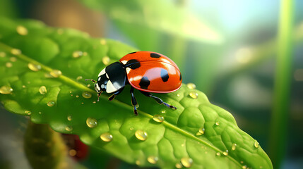 Fototapeta premium Ladybug with water droplets on leaf