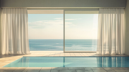 A large window overlooking the ocean with white curtains. The curtains are open, allowing the sunlight to stream in and illuminate the room. The view of the ocean is serene and calming