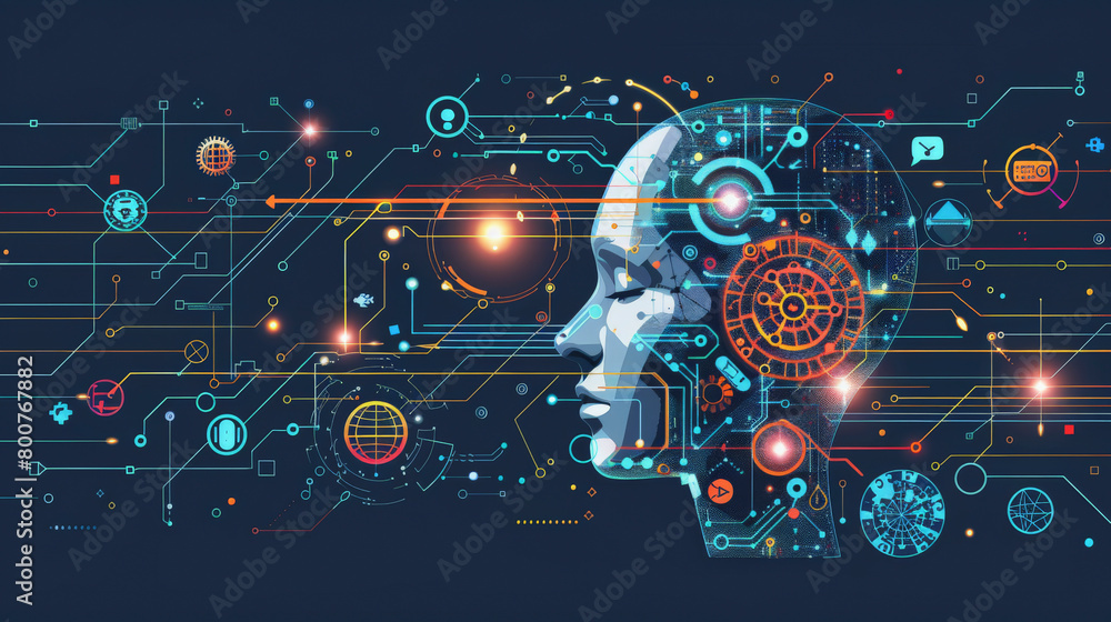 Poster digital illustration of a human head silhouette with various technological and abstract elements rep