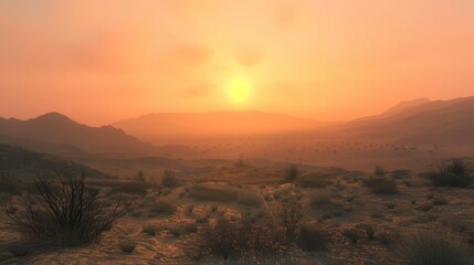 The soft glow of a setting sun casts a hazy ethereal hue over the dry and rugged desert terrain..