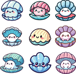 set collection cute kawaii cartoon vector clam shell 