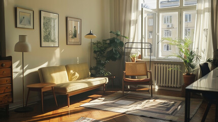 A living room with a yellow couch and a brown chair. The room is bright and inviting, with a large window letting in plenty of natural light