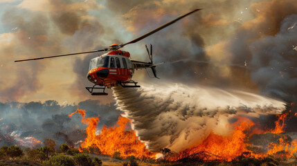 Fototapeta premium A helicopter dropping water on a large wildfire to control the spread of flames amidst dense smoke.