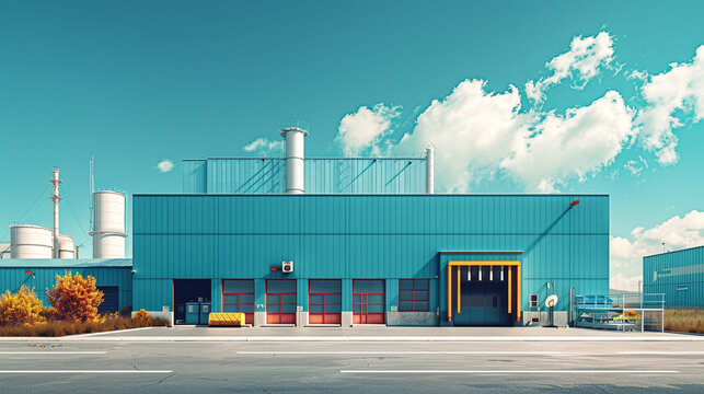 Industrial landscape with factory and blue sky. 3d rendering.