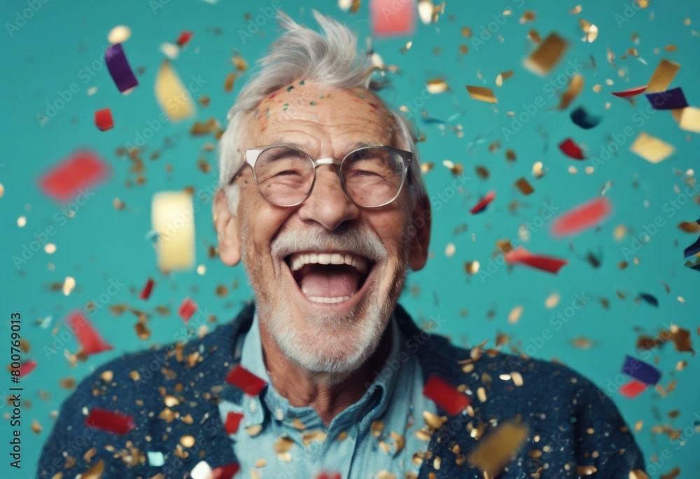 Wall mural 'party. laughing background. smile lottery. teal celebrating modern man grey old hair blue grandpa g