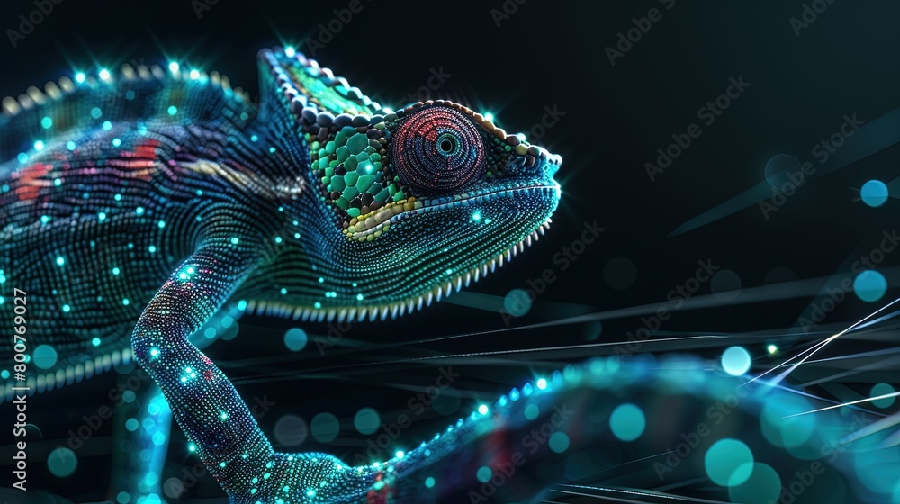 Poster digital chameleon in neon colors. big data visualization. information aesthetic design. animal learn