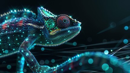 Digital chameleon in neon colors. Big data visualization. Information aesthetic design. Animal learning. Generative AI