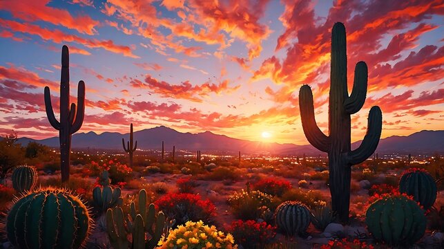Sunset Celebration: A warm and inviting poster with cacti celebrating Cinco de Mayo under a beautiful Mexican sunset

