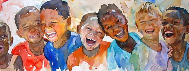 Watercolor happy laughing child: a portrait of youthful joy and innocence, captured in vibrant hues and delicate brushstrokes, evoking warmth and nostalgia.