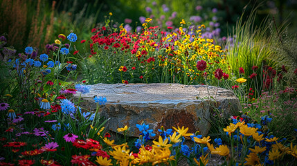 blank stone platform in the middle of a variety of colorful flowers