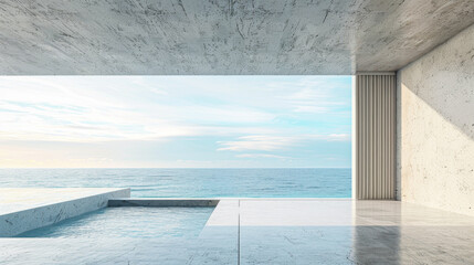 A large open space with a pool and ocean view. The pool is surrounded by a white wall and the ocean is visible in the background. The space is open and airy, giving off a feeling of relaxation