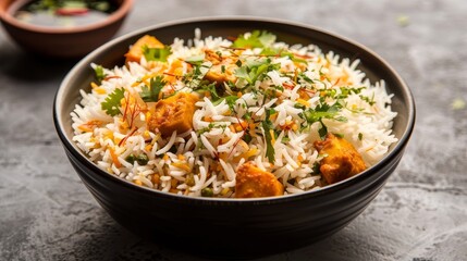 Aromatic Indian biryani with saffron rice, served elegantly, studio lighting, isolated background