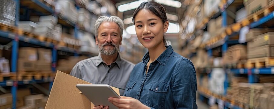 Young female manager shows tablet to mid age male worker for checking inventory shipment in a warehouse.