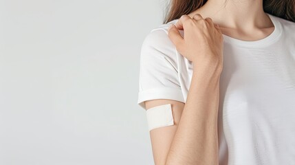 Cropped body woman with black long hair showing her arm with bandage, after injection prevent of illness isolated over white background.