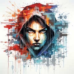 Portrait of a man with a red hood, blue scarf, and black hair, with a white background and colorful paint splatters.