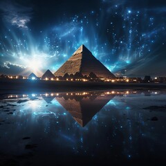 The Great Pyramids of Giza at night, with a starry sky and a city in the background. The pyramids are reflected in a body of water in the foreground.