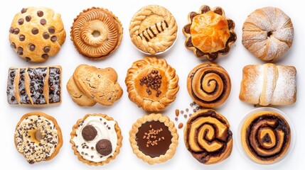 Array of favorite pastries such as chocolate chip cookies, fresh apple pie, and fluffy cinnamon rolls from above, isolated on white