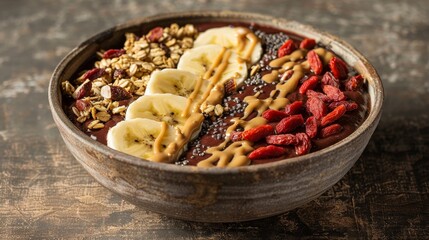 Artistic arrangement of an acai bowl with goji berries, banana slices, and a sprinkle of granola, highlighted with a drizzle of almond butter, clean isolated background, studio light setting