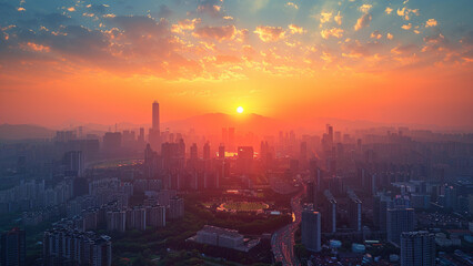 Sunset over the city of Chongqing, China, aerial view