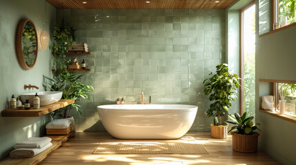 A bathroom with a large bathtub and a mirror. The bathroom is decorated with plants and has a green color scheme
